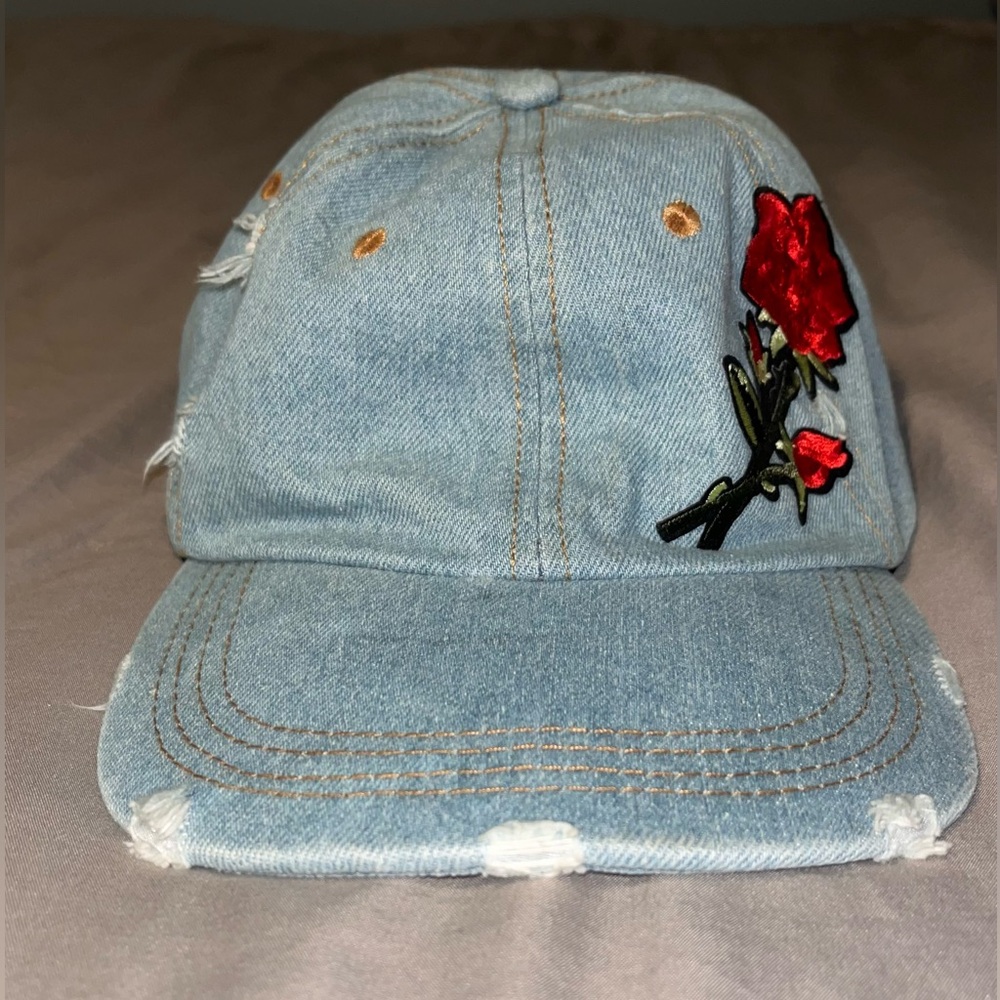 DAVID and YOUNG Distressed Denim Red Rose Adjustable Hat Cap
